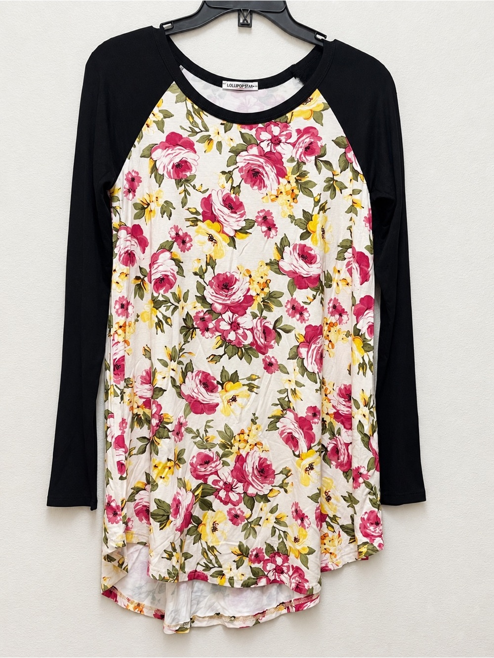 Floral Raglan Long Sleeve Tee - Black Sleeves, Pink & Yellow Floral